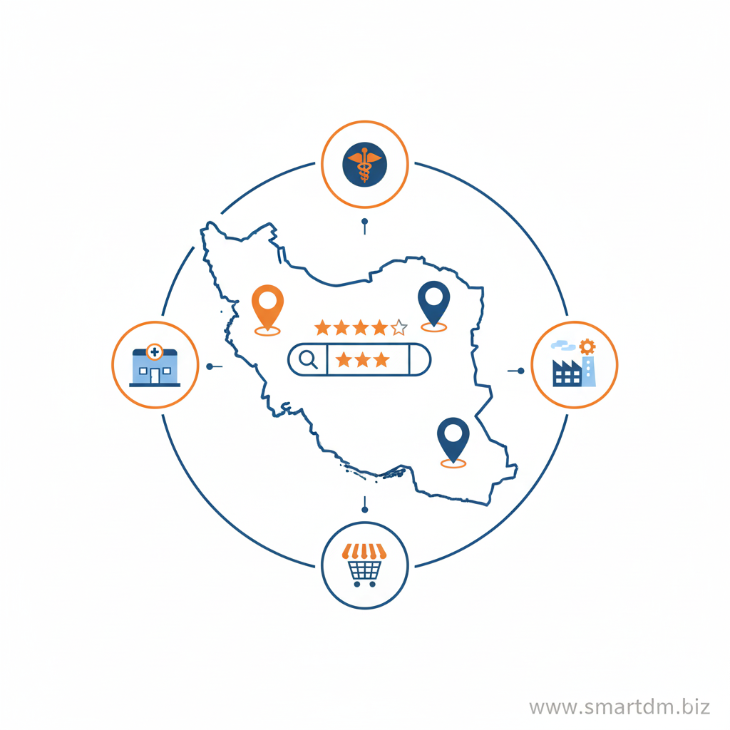 تصویر مفهومی سئو محلی در ایران با نقشه کشور، پین‌های موقعیت برای تهران، اصفهان و تبریز و آیکون کلینیک، کارخانه و فروشگاه اینترنتی در اطراف آن.
