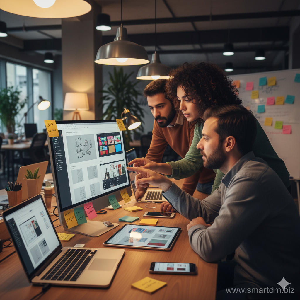 تیم طراحی UX/UI در حال کار روی وایرفریم و رابط کاربری ریسپانسیو روی مانیتور، تبلت و موبایل در دفتر مدرن