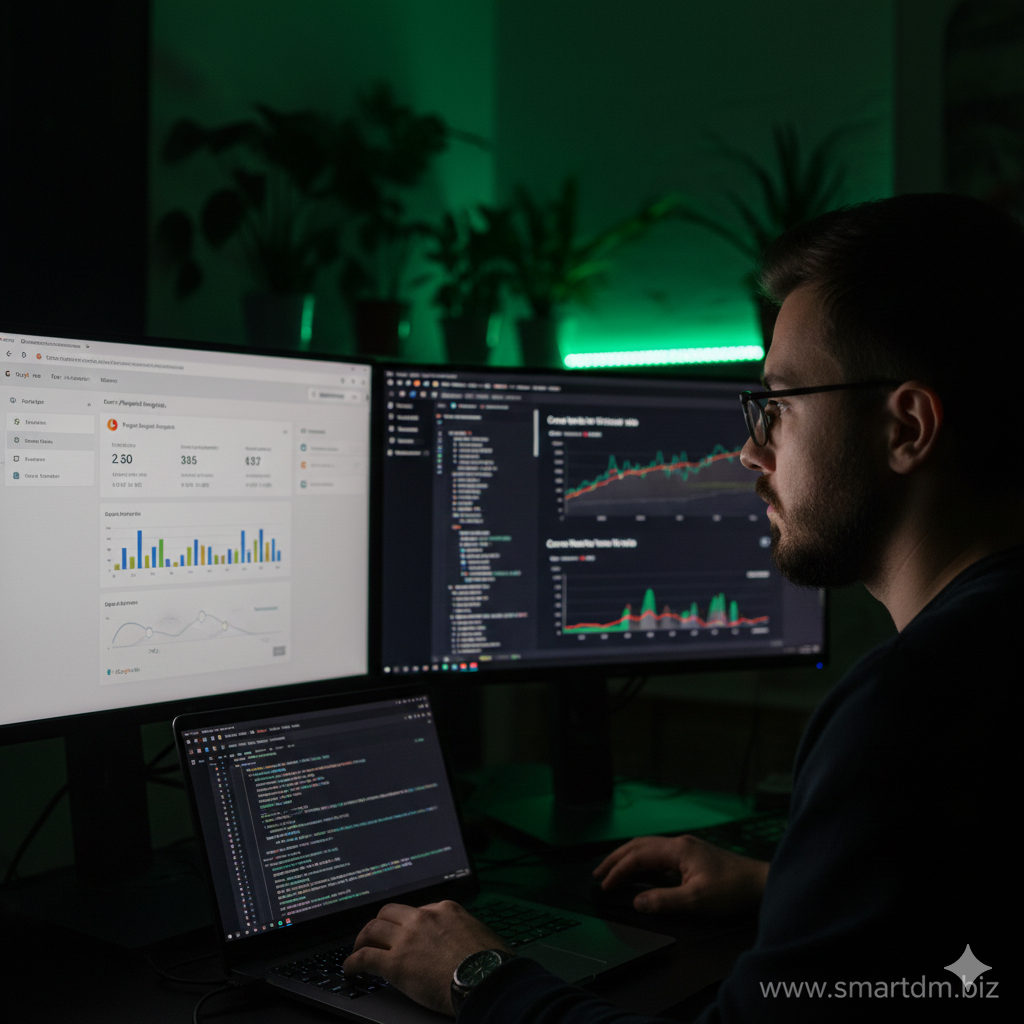 توسعه‌دهنده وب در حال بررسی گزارش‌های سرعت سایت، Lighthouse و Core Web Vitals روی چند مانیتور در محیط کاری تاریک