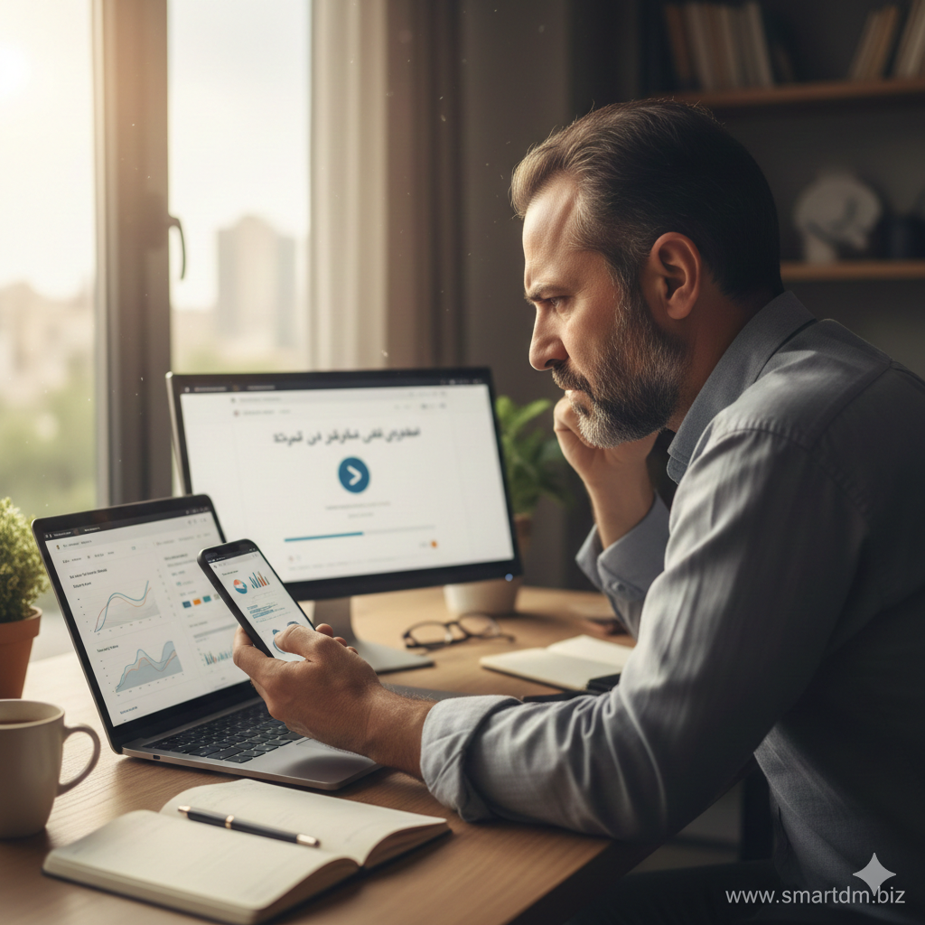 کارآفرین ایرانی ناراضی پشت لپ‌تاپ و موبایل با سایت کند و نمودار نرخ پرش بالا در دفتر کار مدرن