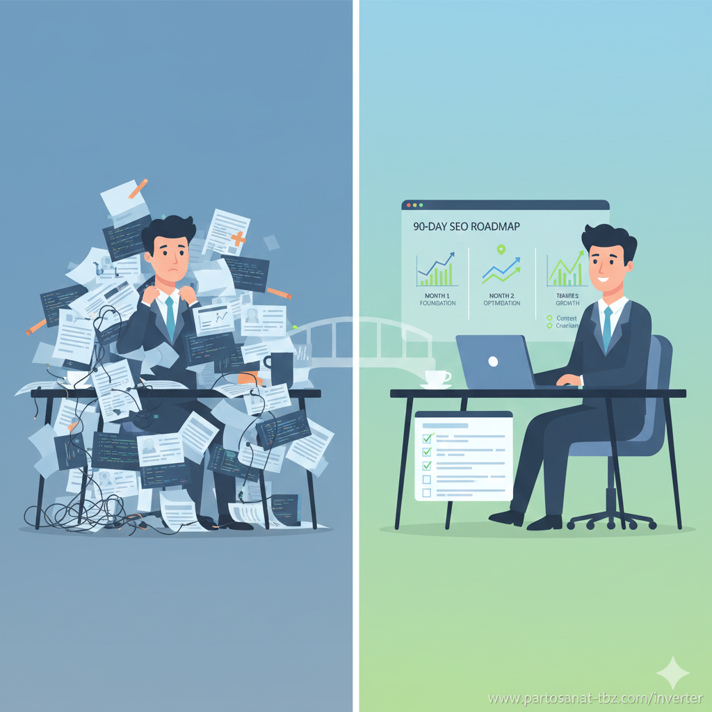 مقایسه گزارش خودکار و پیچیده سئو با یک نقشه راه شفاف ۹۰ روزه روی لپ‌تاپ که مدیر را از سردرگمی به آرامش و تصمیم‌گیری می‌رساند