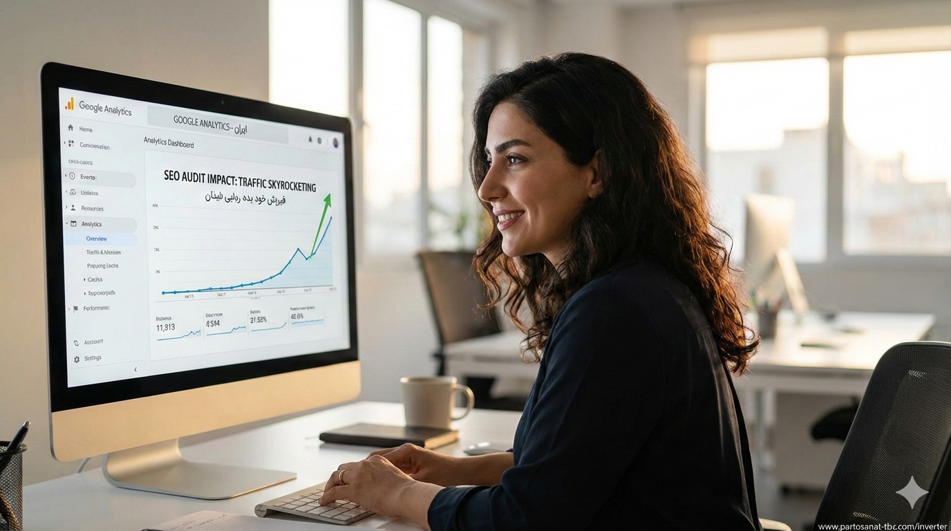 مدیر مارکتینگ در حال تماشای رشد انفجاری ترافیک ارگانیک روی داشبورد گوگل آنالیتیکس پس از آدیت حرفه‌ای و بررسی رایگان سئو سایت