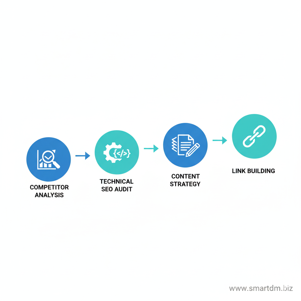 اینفوگرافیک رودمپ چهار مرحله‌ای خدمات سئو و دیجیتال مارکتینگ شامل تحلیل رقبا، سئو تکنیکال، استراتژی محتوا و لینک‌سازی اصولی.